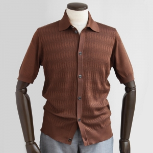 (ジリー) 前開き半袖ニットポロシャツ シルク カジュアルシャツ 半袖 赤茶 ラセットブラウン 春夏